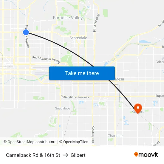 Camelback Rd & 16th St to Gilbert map