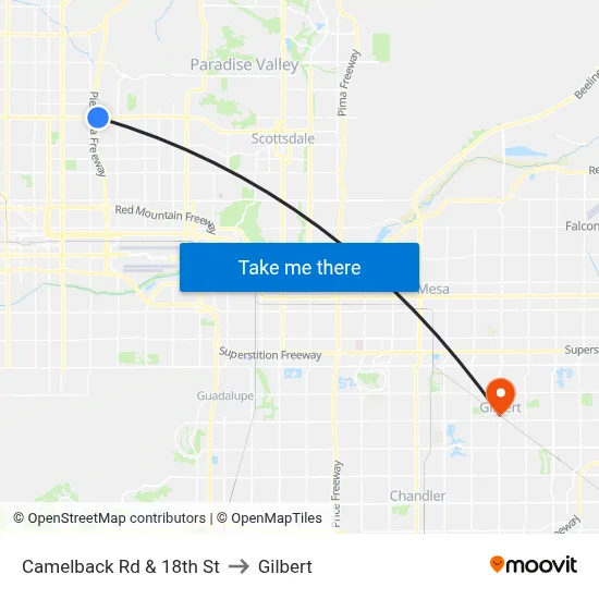 Camelback Rd & 18th St to Gilbert map