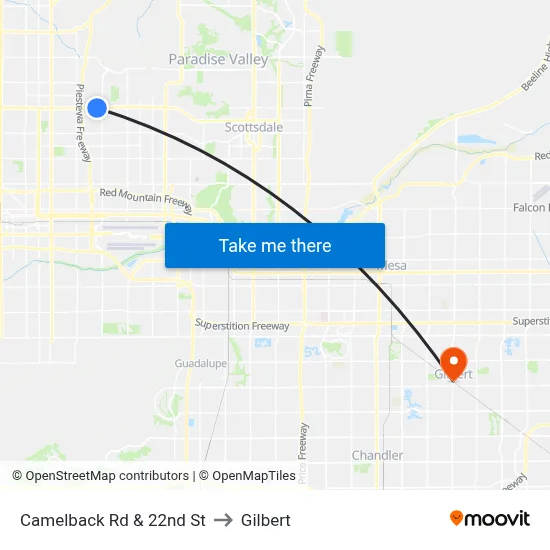 Camelback Rd & 22nd St to Gilbert map