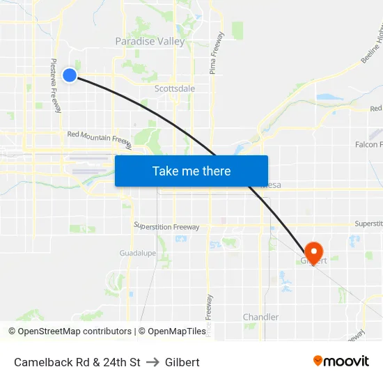 Camelback Rd & 24th St to Gilbert map