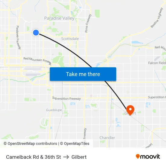 Camelback Rd & 36th St to Gilbert map