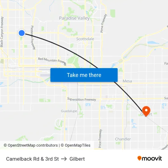 Camelback Rd & 3rd St to Gilbert map