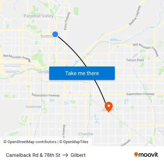 Camelback Rd & 78th St to Gilbert map