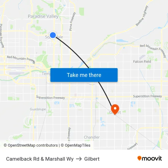 Camelback Rd & Marshall Wy to Gilbert map