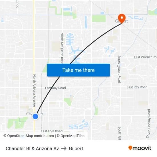 Chandler Bl & Arizona Av to Gilbert map