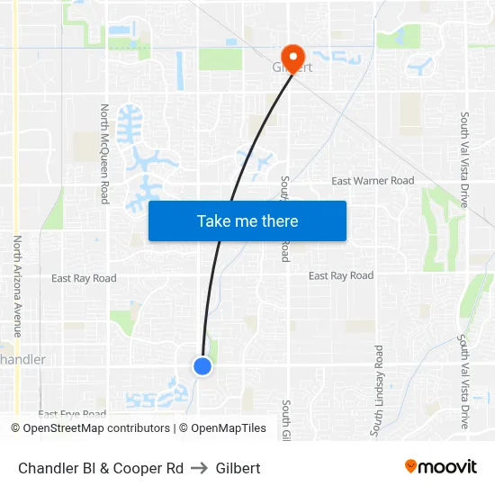 Chandler Bl & Cooper Rd to Gilbert map