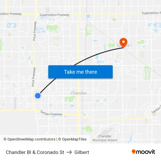 Chandler Bl & Coronado St to Gilbert map