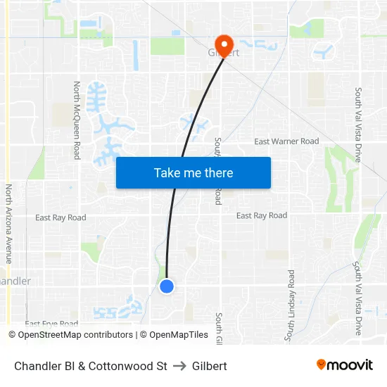 Chandler Bl & Cottonwood St to Gilbert map