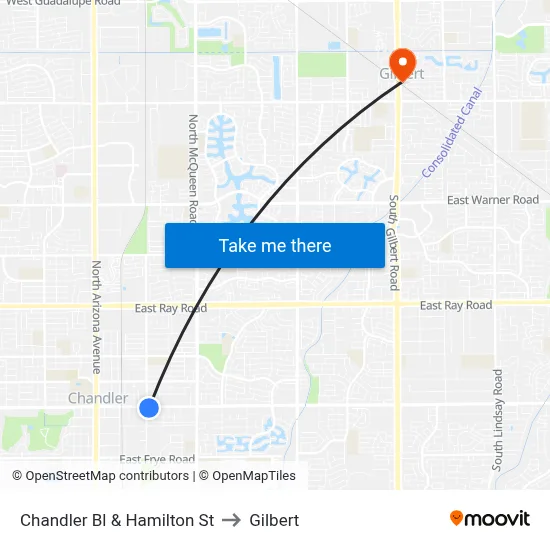 Chandler Bl & Hamilton St to Gilbert map