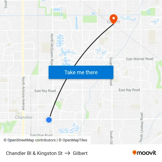 Chandler Bl & Kingston St to Gilbert map