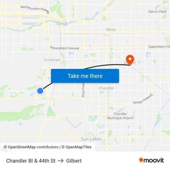Chandler Bl & 44th St to Gilbert map
