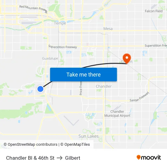 Chandler Bl & 46th St to Gilbert map