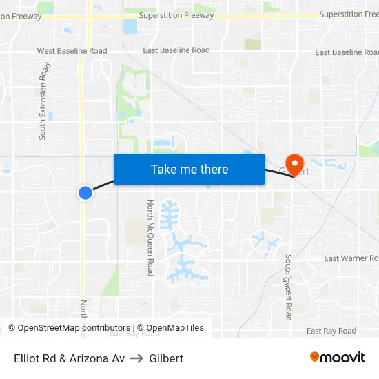 Elliot Rd & Arizona Av to Gilbert map