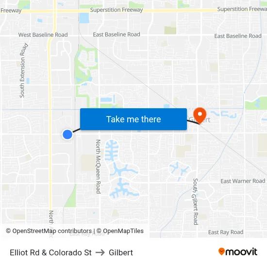 Elliot Rd & Colorado St to Gilbert map
