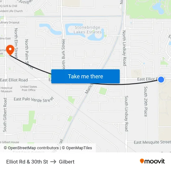Elliot Rd & 30th St to Gilbert map