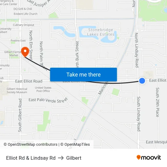 Elliot Rd & Lindsay Rd to Gilbert map