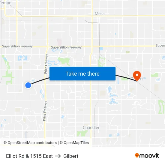 Elliot Rd & 1515 East to Gilbert map