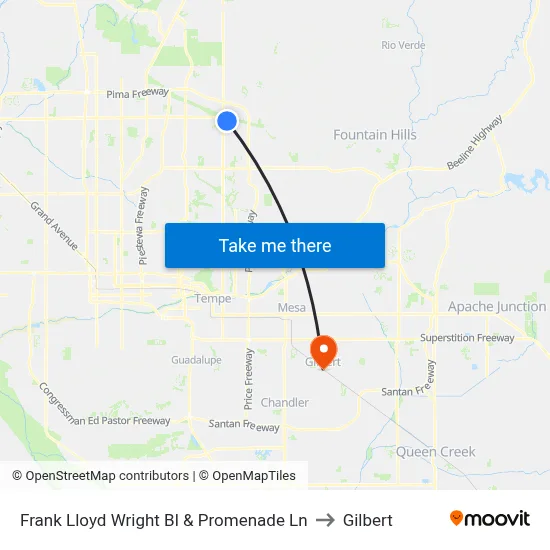 Frank Lloyd Wright Bl & Promenade Ln to Gilbert map