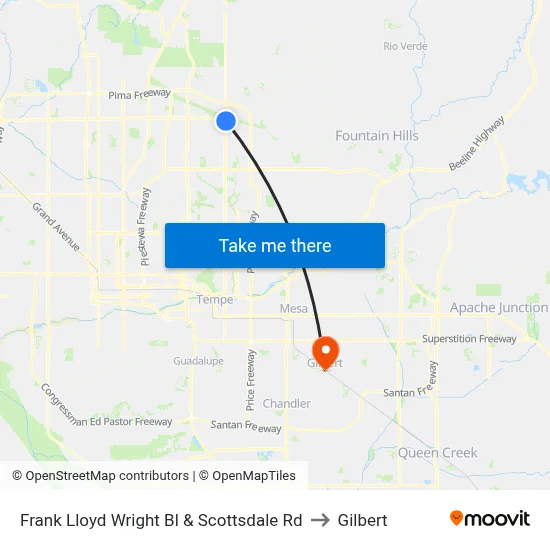 Frank Lloyd Wright Bl & Scottsdale Rd to Gilbert map