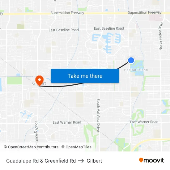 Guadalupe Rd & Greenfield Rd to Gilbert map
