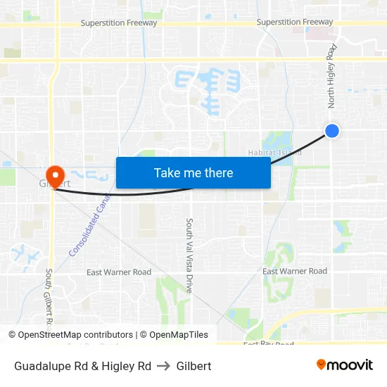 Guadalupe Rd & Higley Rd to Gilbert map