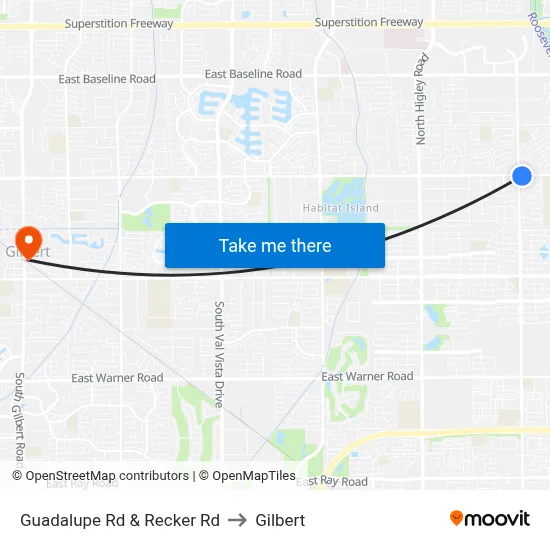 Guadalupe Rd & Recker Rd to Gilbert map