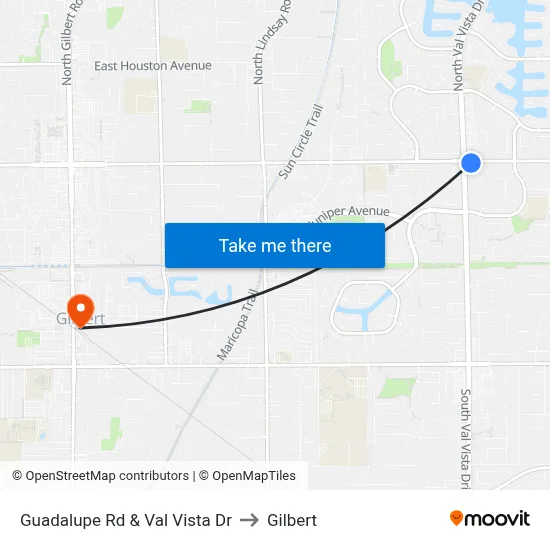 Guadalupe Rd & Val Vista Dr to Gilbert map