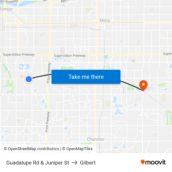 Guadalupe Rd & Juniper St to Gilbert map