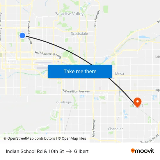 Indian School Rd & 10th St to Gilbert map