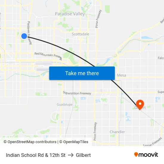 Indian School Rd & 12th St to Gilbert map