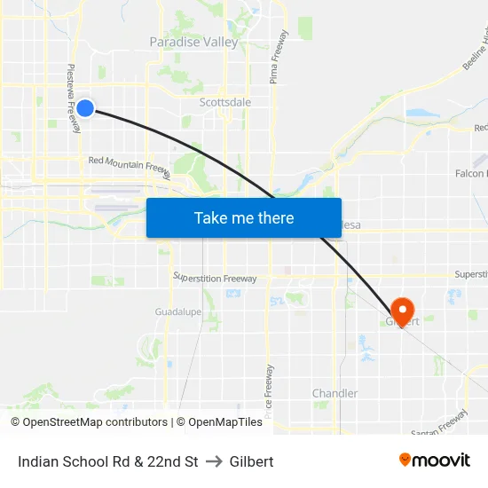 Indian School Rd & 22nd St to Gilbert map