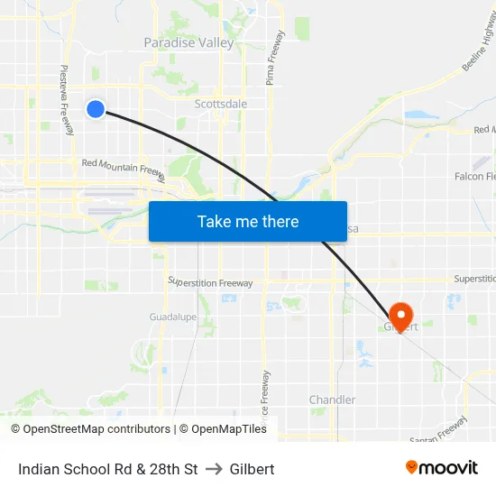 Indian School Rd & 28th St to Gilbert map