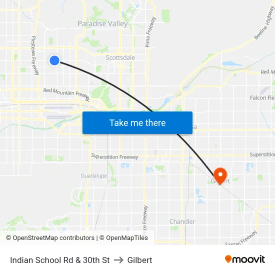 Indian School Rd & 30th St to Gilbert map
