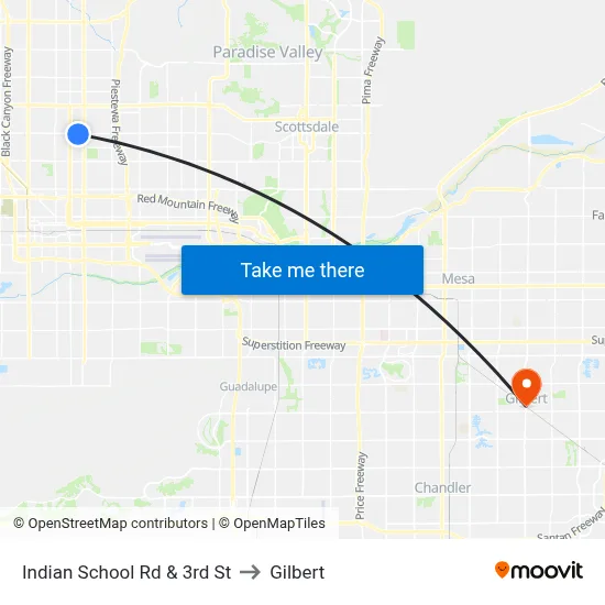 Indian School Rd & 3rd St to Gilbert map