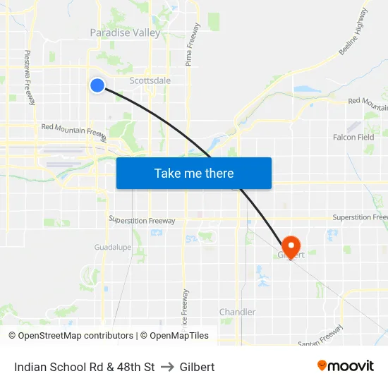 Indian School Rd & 48th St to Gilbert map
