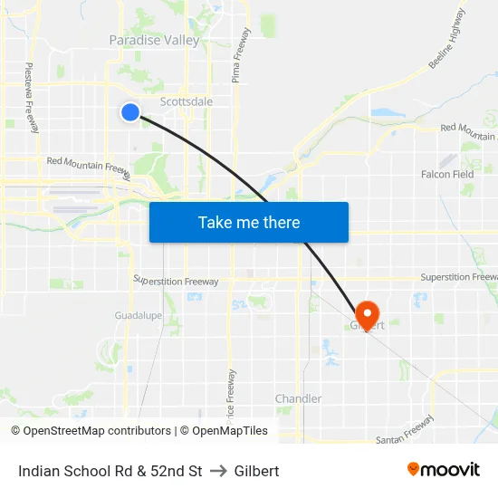 Indian School Rd & 52nd St to Gilbert map
