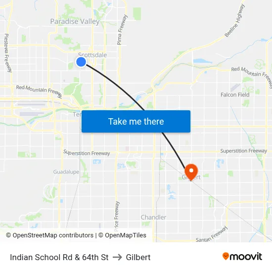 Indian School Rd & 64th St to Gilbert map