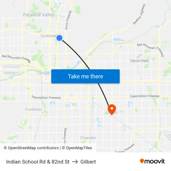 Indian School Rd & 82nd St to Gilbert map