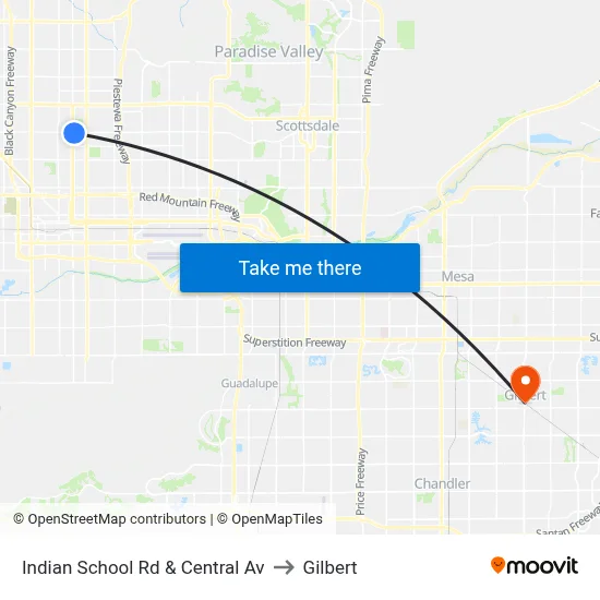 Indian School Rd & Central Av to Gilbert map