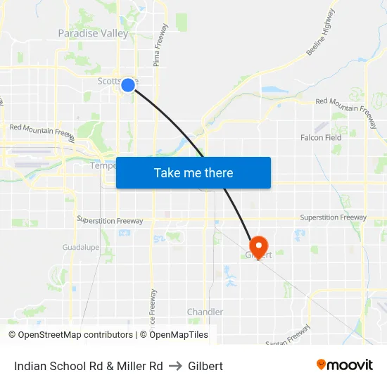 Indian School Rd & Miller Rd to Gilbert map