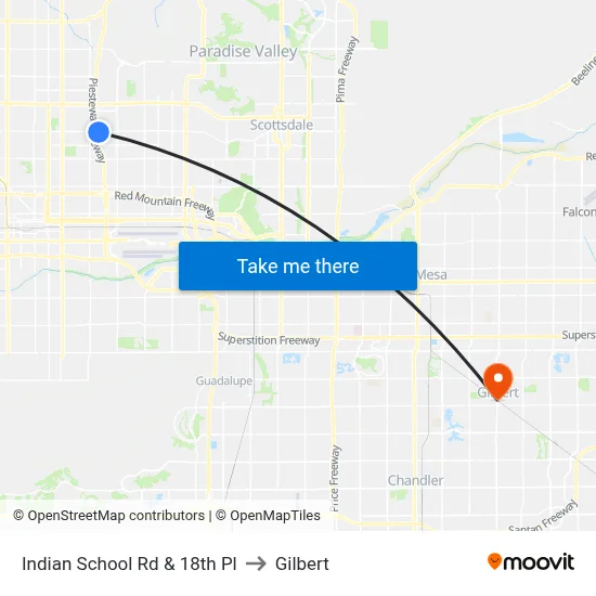 Indian School Rd & 18th Pl to Gilbert map
