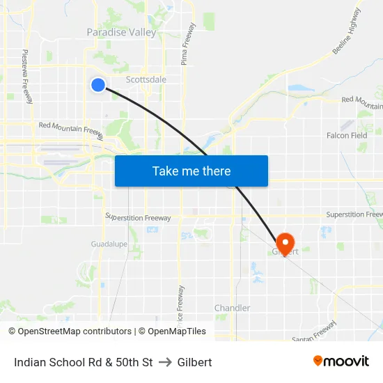Indian School Rd & 50th St to Gilbert map