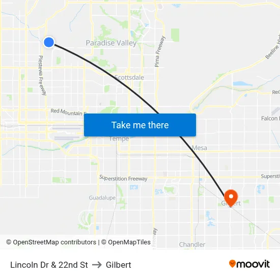 Lincoln Dr & 22nd St to Gilbert map