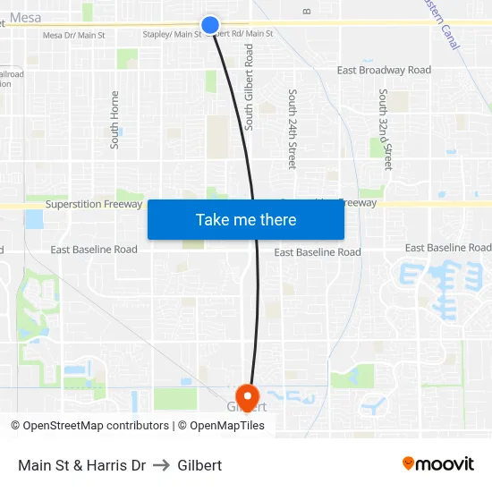 Main St & Harris Dr to Gilbert map