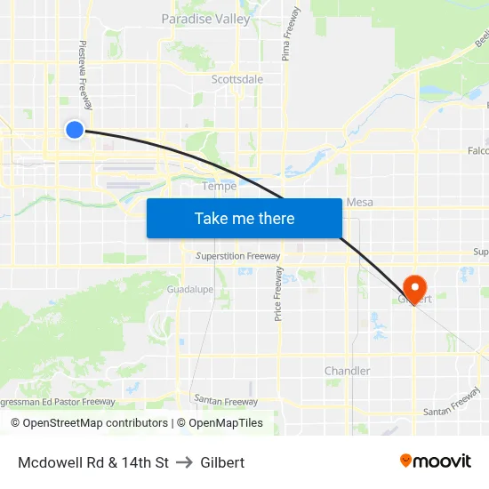 Mcdowell Rd & 14th St to Gilbert map