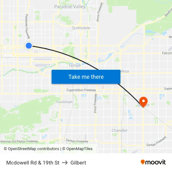 Mcdowell Rd & 19th St to Gilbert map