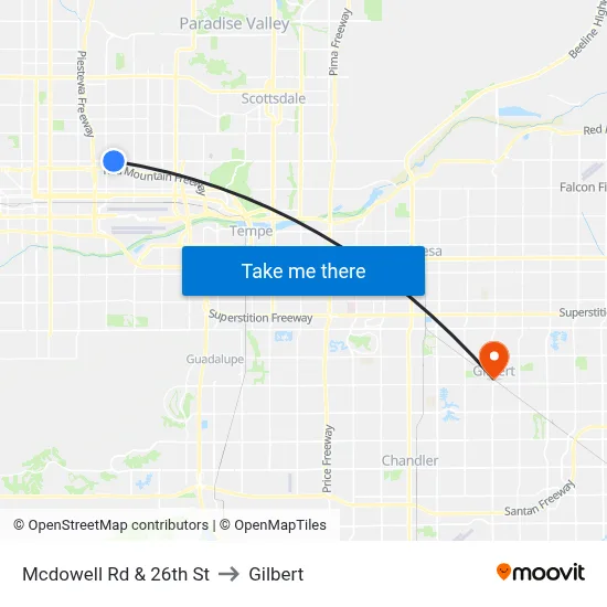 Mcdowell Rd & 26th St to Gilbert map
