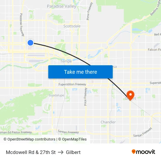 Mcdowell Rd & 27th St to Gilbert map