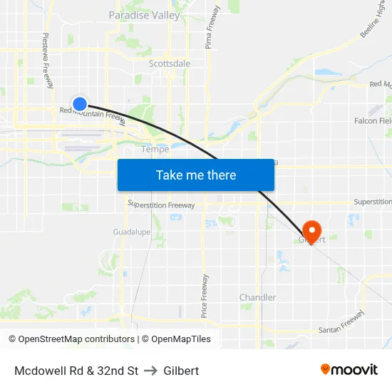 Mcdowell Rd & 32nd St to Gilbert map