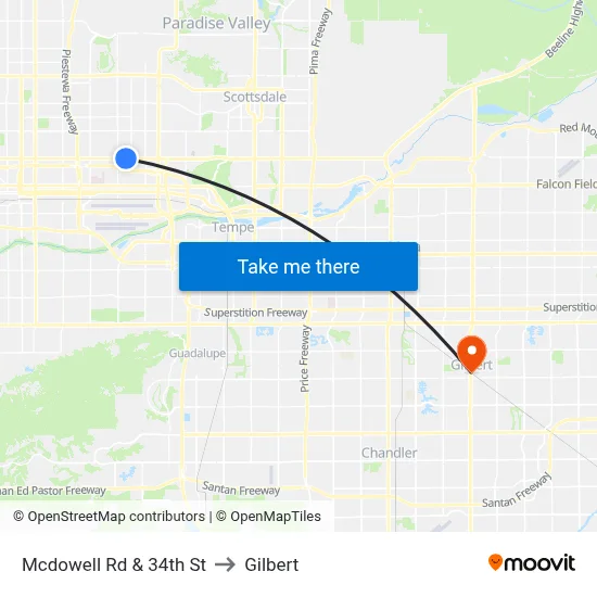 Mcdowell Rd & 34th St to Gilbert map